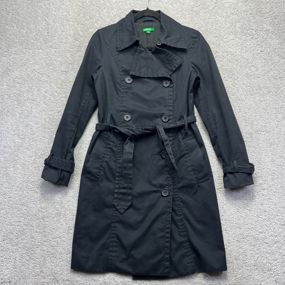 United Colors of Benetton Trench Coat Womens 38 Black Double Breasted Belted